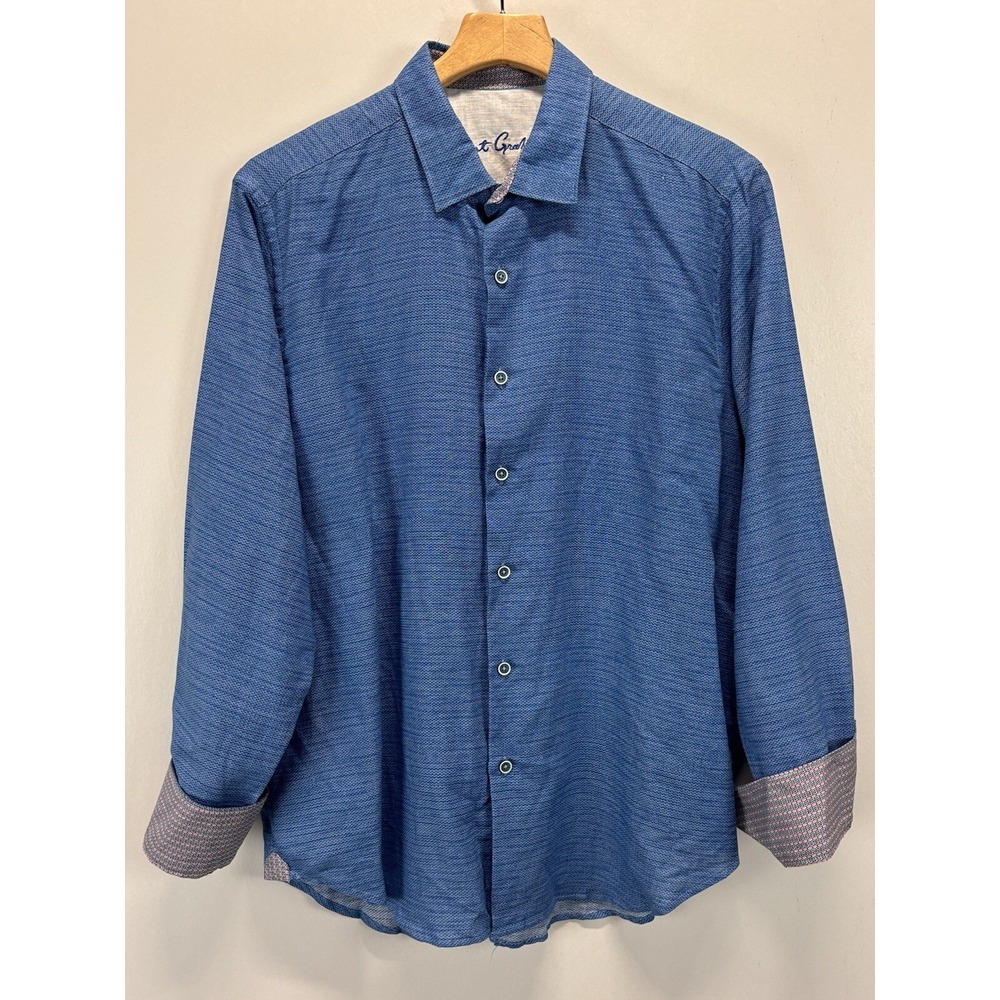 Robert Graham Mens Sz Large Linen Cotton Blend Blue Long Sleeve Flip Cuff Beach